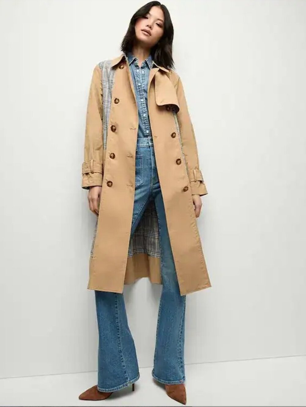 Veronica Beard Trench Coat Tan Plaid Patchwork M